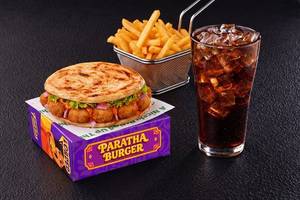 Veg Paratha Burger with Side and Beverage Meal