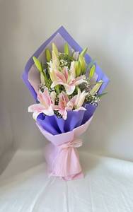 Ping Lily Bouquet With Pink and Purple Wrapping.