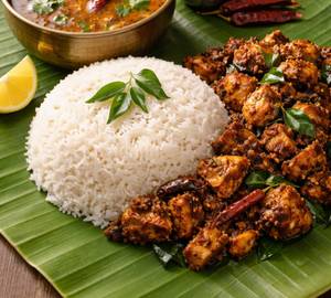 Rice + Rasam + Uppukari (Chicken)