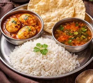 White rice with egg curry rasam papad [serves 1]