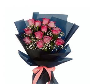 12 Purple Rose Bouquet with Black paper wrapping