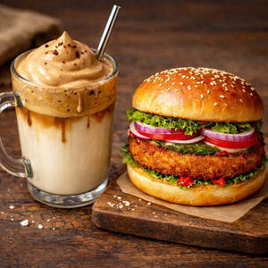 Hand Beaten Coffee With Allo Tikki Burger