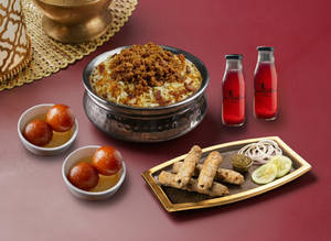 Chicken Kheema Biryani, Chicken Sheek Kebab, Jamun & Rose Sharbat