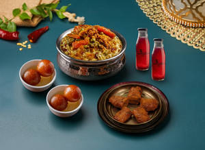 Veg Biryani, Soya Tawa Fry, Gulab Jamun & Rose Sharbat
