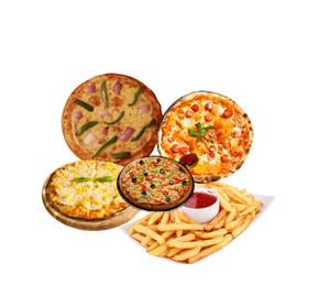 Plain Fries + Pizza Margherita+ Vegetable Pizza+ Cheese Corn Pizza+ Onion Capsicum Pizza