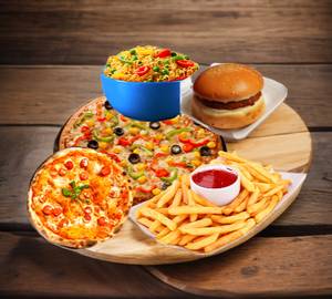 Cheese Aloo Tikki Burger+ Vegetable Pizza+ Pizza Margherita+ Vegetable Maggi+ Plain Fries