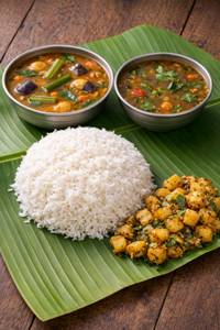 White Rice+ Sambar+ Rassam+Potato Fry