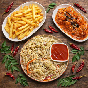 Egg Chicken Noodles + Chicken 65 + French Fries