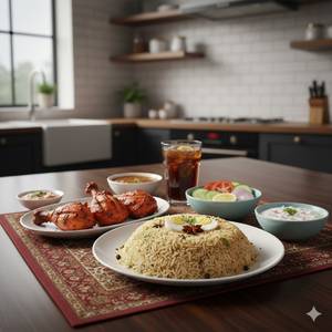 Egg Sukoon Pulao+Sukoon Tandoori Chicken+Onion Raita+Salad+Burani