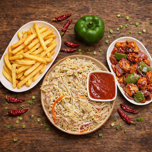 Egg Chicken Noodles + Chilly Chicken + French Fries