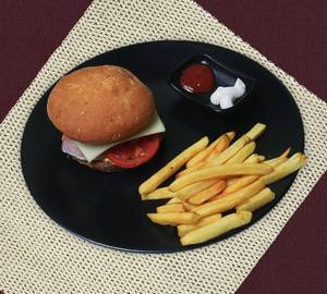 Chicken burger + french fry + cold drink (campa+sprit)