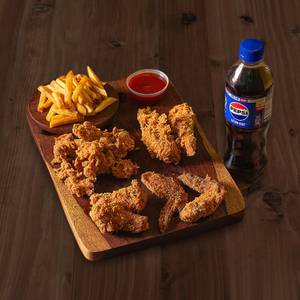 4 Hot Wings, 2 Chicken Boneless Strips, A Popcorn, Fries & Apepsi  250Ml