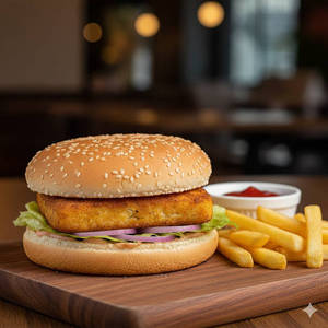 Paneer Tikki Burger With French Fries