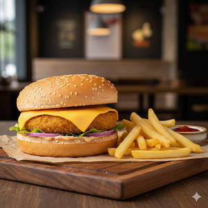 Veg Cheese Burger With French Fries