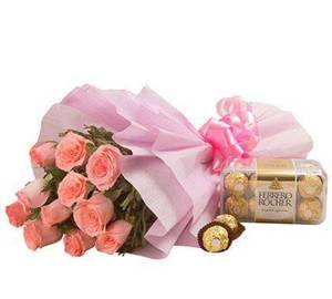 Ferrero Rocher With 12 Pink colours Rose Bouquet