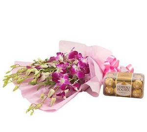 Ferrero Rocher With 6 Purple Orchid Bouquet.