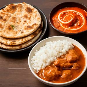 Butter chicken  and  chicken curry  and  rice  and  4 butter naan