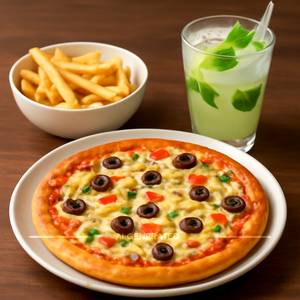 Veg. Cheese Pizza "8" + Plain Fries + Mocktail (virgin Mojito)