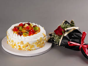 Fresh Fruit Cake & Red Rose