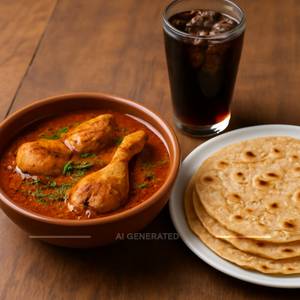 Chicken Curry (4 Pieces) With Tawa Roti (5) And Small Cold Drink