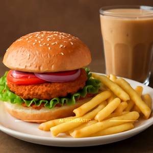 Classic Burger With French Fries And Cold Coffee