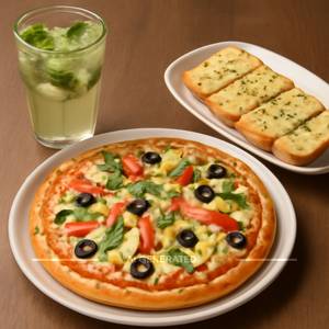 Veg Exotic Pizza With Cheese Garlic Bread And Any Mojito