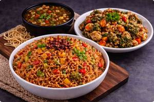 Salt & Pepper Broccoli & Mushroom, Manchow Soup + Schezwan Fried Rice