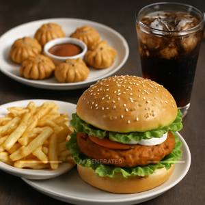Aloo Tikki Burger  +  French Fries  +  Momos Fried  +  Cold Drink