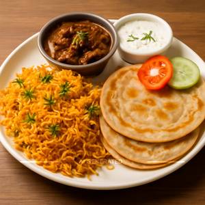 Mutton Kalegi + Biryani Rice + 2 Pc Paratha + Salad + Raita