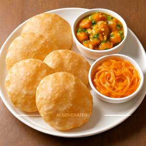 6 Crispy Poori with Aloo Matar Sabji and Jalebi [100 grams]