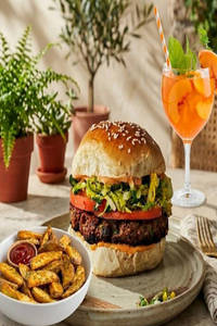 Veg Burger, Peach Iced Tea, Potato Wedges