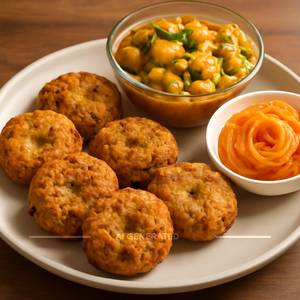 6 Crispy Dal Vada with Aloo Matar Sabji and Jalebi [100 grams]