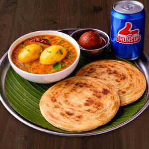 Paratha [2 Nos] + Egg Curry [2 Eggs] + 1 Gulab Jamun + 1 Thumbs Up Can (300 Ml)