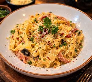 Cheesy Ham Flat Noodles