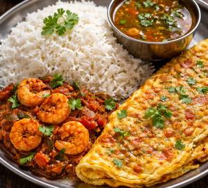 White Rice + Prawn Thokku+ Rassam+ Omlette