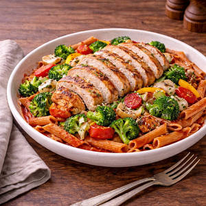 Whole Wheat Pasta With Grilled Chicken Breast, Veggies And Arrabiata