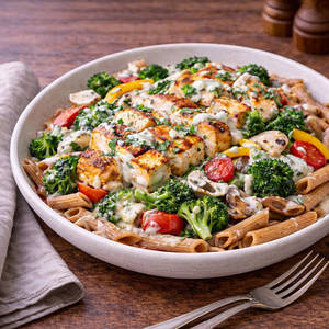 Whole Wheat Pasta With Paneer And Alfredo Sauce