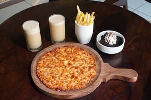 Pizza +fries + Brownie With Hot Fudge + 2 Cold Coffee