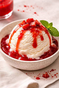 One Scoop Of Vanila Ice Cream With Strawberry Crush