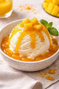 One Scoop Of Vanila Ice Cream With Mango Crush