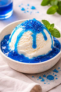 One Scoop Of Vanila Ice Cream With Blue Curraco Syrup
