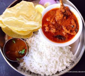 White rice with chicken kuzhambu rasam papad [serves 1]