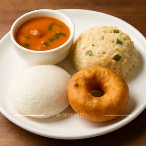 Idli (1 pc) + Vada (1 pc) + Upma + Sambar