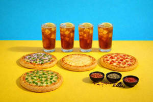 4 Pizzas + 4 Ice Teas.