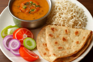 Dal tadka + roti + jeera rice + papad, salad