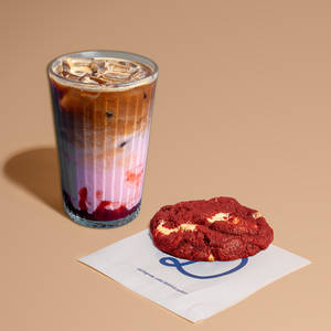 Iced Strawberry Latte with Red Velvet Cookie