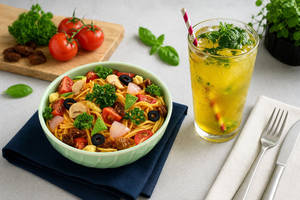 Sundried Tomato Chipotle Olive Spaghetti + Mango Buzz Cooler