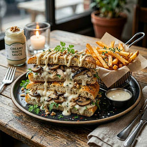 Truffle  Creamy Chicken & Mushroom Focaccia Sandwich With Fries