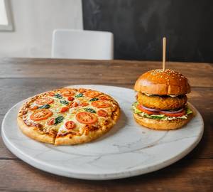 Cheese Tomato Pizza +Aloo tikki Burger