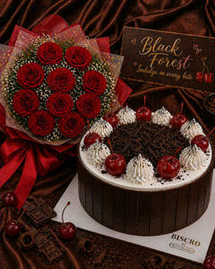 RICH BLACK FOREST CAKE N 10 RED ROSE BOUQUET